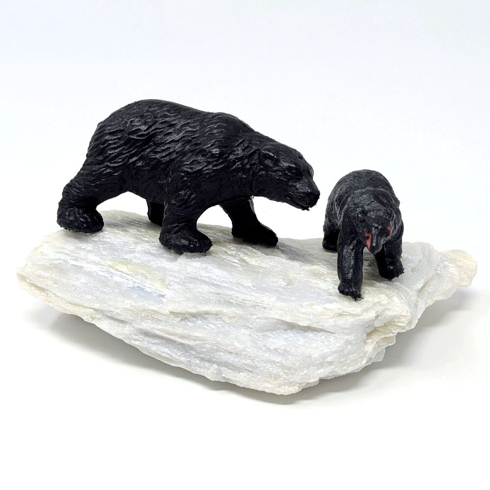 Vtg Black Mama Bear & Cub Figure Standing on Real Rock 3.5" | Park Zoo Souvenir?
